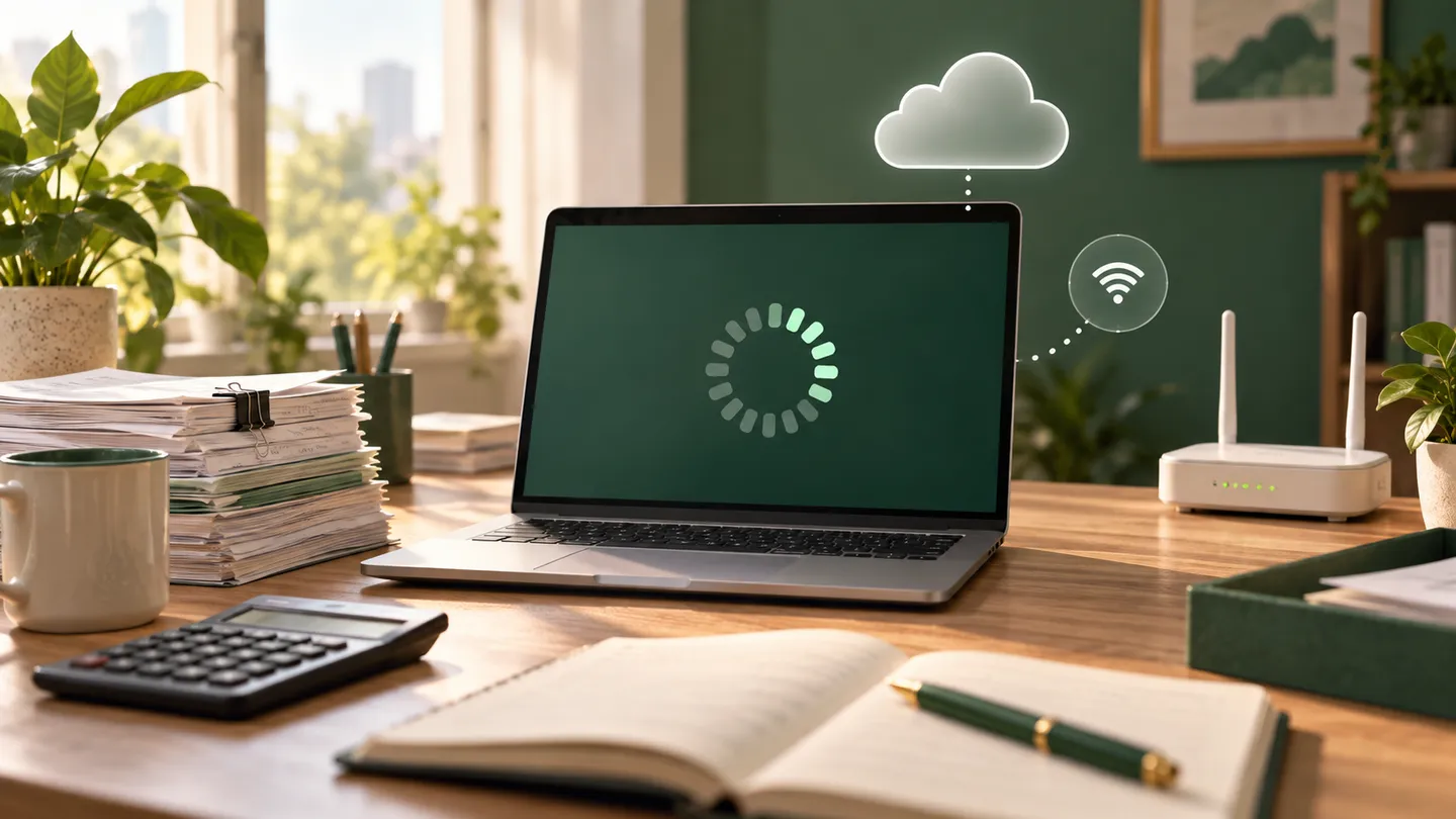 Ilustrasi komputer dan koneksi cloud untuk membahas kinerja software akuntansi online.
